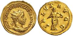 Roman Gold Coins Volusian, 251-253 Estimate: CHF 18'000.00 Binio (Gold, 5.61 g 12), Rome, 252.Obverse: IMP CAE C VIB VOLVSIANO AVG Radiate, draped and cuirassed bust of Volusian to right.Reverse: SALV