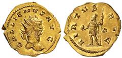Roman Gold Coins Gallienus, 253-268 Estimate: CHF 10'000.00 Aureus (Gold, 3.60 g 7), Rome, 260-261.Obverse: GALLIENVS AVG Radiate head of Gallienus to left.Reverse: VIRTVS AVG Mars standing left, hold