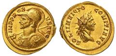 Roman Gold Coins Probus, 276-282 Estimate: CHF 35'000.00 Heavy Aureus (Gold, 6.17 g 12), Rome, 281/2.Obverse: IMP PROBVS AVG Helmeted and cuirassed bust of Probus to left, holding short spear with his