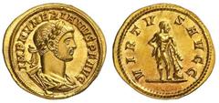 Roman Gold Coins Numerian, 283-284 Estimate: CHF 26'000.00 Aureus (Gold, 4.77 g 6), Rome, 284.Obverse: IMP NVMERIANVS P F AVG Laureate, draped and cuirassed bust of Numerian to right.Reverse: VIRTVS A