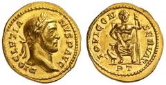 Roman Gold Coins Diocletian, 284-305 Estimate: CHF 9'500.00 Aureus (Gold, 5.48 g 7), Trier, 294.Obverse: DIOCLETIANVS P AVG Laureate head of Diocletian to right.Reverse: IOVI CONSERVAT / PT Jupiter se