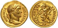 Roman Gold Coins Maximian, 286-305 Estimate: CHF 11'000.00 Aureus (Gold, 5.29 g 6), Rome, 287.Obverse: MAXIMIANVS P F AVG Laureate head of Maximian to right.Reverse: HERCVLI DEBELLAT / PR Hercules sta