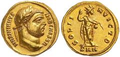 Roman Gold Coins Galerius Maximianus Caesar, 293-305 Estimate: CHF 9'500.00 Aureus (Gold, 5.27 g 6), Nicomedia, 294.Obverse: MAXIMINIANVS NOB CAESAR Laureate head of Galerius to right.Reverse: SOLI IN