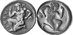 Magna graecia Calabria Tarentum Estimate: CHF 38'000.00 Stater (Silver, 7.50 g), c. 510-500. Nude youth, his hair in a krobylos, in the archaic running-kneeling position to left, holding a hyacinth bl