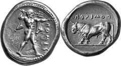 Magna graecia Lucania Poseidonia Estimate: CHF 3'000.00 Stater (Silver, 7.90 g 4), c. 430. Poseidon, nude but for chlamys falling over his shoulders, striding to right, extending his left arm before h