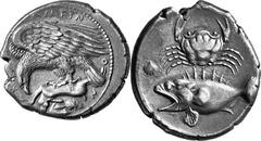Sicily Akragas Estimate: CHF 45'000.00 Tetradrachm (Silver, 17.23 g 3), c. 420. Eagle with spread wings to left, perched on a dead hare, lying on a rock, and tearing at it with its beak; on rock, cock