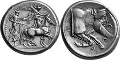 Sicily Gela Estimate: CHF 18'000.00 Tetradrachm (Silver, 17.04 g 4), c. 480-475. Quadriga driven slowly by bearded charioteer to right; above, Nike flying right to crown the horses. Rev. Forepart of m