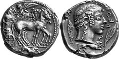 Sicily Leontinoi Estimate: CHF 75'000.00 Tetradrachm (Silver, 17.48 g 9), c. 466-460, by the Demareteion-Master. Bearded charioteer, holding goad in his right hand and reins in his left, driving walki