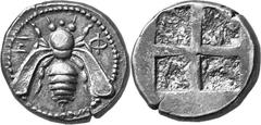 Asia Minor Ionia Ephesos Estimate: CHF 12'500.00 Didrachm (Silver, 7.65 g), c. 450. Bee. Rev. Incuse square divided into four by wide bands. BMC 14-15. Greek Insects 3, fig. 11. Kraay/Hirmer 599 (this