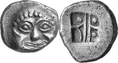 Asia Minor Uncertain Mint in Asia Minor Estimate: CHF 2'000.00 Drachm (Silver, 3.95 g), c. 510. Head of a Gorgon facing, tongue outstretched. Rev. Incuse square divided into four compartments, three c