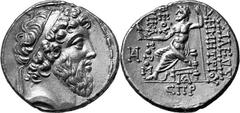 Kingdom of Syria Demetrios II Nikator, Second Reign as King of Syria, 129-127 Estimate: CHF 3'000.00 Tetradrachm (Silver, 16.61 g 12), Damascus, year 186 = 127/6. Diademed and bearded head of Demetrio