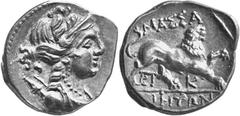 Greek Coins Massalia Estimate: CHF 250.00 Drachm (Silver, 2.64 g 8), c. 200-150. Diademed and draped bust of Artemis to right, with quiver behind her neck. Rev. Lion prowling right; below, and . BN 12