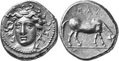 Greek Coins Larissa, Thessaly Estimate: CHF 650.00 Drachm (Silver, 6.15 g 6), c. 390-370. Head of the nymph Larissa facing, turned slightly to the left, her hair, loose at the sides, bound with an amp