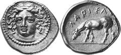 Greek Coins Larissa, Thessaly Estimate: CHF 850.00 Drachm (Silver, 6.09 g 6), c. 390-370. Head of the nymph Larissa facing, turned slightly to the left, her hair, loose at the sides, bound with an amp