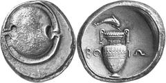 Greek Coins Thebes and the Boeotian League, Boeotia Estimate: CHF 1'750.00 Stater (Silver, 12.09 g), c. 379-371. Boeotian shield. Rev. Volute krater with fluted shoulders; to left and right, ; above, 