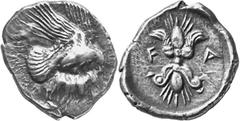 Greek Coins Olympia, Elis Estimate: CHF 3'000.00 Stater (Silver, 11.95 g 6), c. 440s-430s. Eagle flying right with both wings above his body, grasping hare by the back with his talons and tearing at h