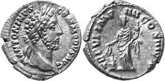 Roman Coins Commodus Estimate: CHF 350.00 Commodus, 177-192. Denarius (Silver, 3.22 g 6), 181. M ANTONINVS COMMODVS AVG Laureate head bust of Commodus to right. Rev. TR P VI IMP IIII COS III P P. Anno