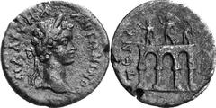 Tenea The Severan coinage of Tenea Estimate: CHF 500.00 2 Assaria (AE, 6.14 g, 23 mm, 5), c. 198-208. Laureate head of Caracalla to right. Rev. Triple-arched gateway bearing statues of three male figu
