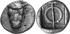 Phliasia The Later 5th Century Coinage of Phlious Estimate: CHF 600.00 Hemiobol (Silver, 0.53 g), c. 430. Head of a bull facing. Rev. Large , with pellet on the ring, within dotted square; all within 