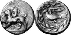 Sicyon The coinage of Sicyon from the c. 360s-c. 330s/320 Estimate: CHF 125.00 Diobol (Silver, 1.95 g 7), late 330s. Chimaera walking left on ground line, right forepaw raised; below Chimaera, . Rev. 