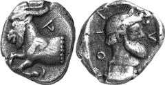 Aegae (Aigai) Estimate: CHF 4'500.00 Hemidrachm (Silver, 2.60 g 5), c. 460s-450s. CIA Forepart of goat to left, the truncation ornamented with pearls. Rev. AION Bearded head of Dionysos to right, wear