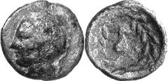 Aegira (Aigeira) The 4th century coinage of Aegira Estimate: CHF 75.00 Chalkous (AE, 1.42 g, 12.5 mm, 11), c. 360s-330. Similar to the above, but head of Athena to left. Unpublished? Olive green patin