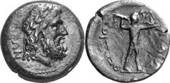 Aegium (Aigion) Civic coinage of Aegium Estimate: CHF 175.00 Hemiobol, or Hexachalkon (AE, 9.29 g, 24 mm, 6), c. 37-31. !IGIEWN Laureate head of Zeus to right. Rev. EO$IOS KLHT!IOS Youthful Boy Zeus, 