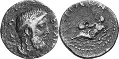 Aegium (Aigion) The coinage of Aegium under the Romans Estimate: CHF 250.00 Hemiobol (AE, 7.22 g, 22 mm, 2). HMIOBeLIN Laureate head of Zeus to right. Rev. AIGIewN The river god Selinos reclining to l