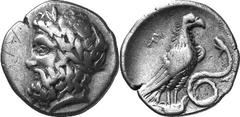 Elis Olympia Estimate: CHF 500.00 Hemidrachm (Silver, 2.75 g 7), 336, the 111th Olympiad. Laureate head of Zeus to left. Rev. F Eagle, with closed wings, standing right on the tail of a snake, coiling