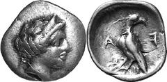 Elis Olympia Estimate: CHF 250.00 Obol (Silver, 0.85 g 12), c. 350s. Head of the eponymous nymph Olympia to right, with her hair in a roll and wearing a pendant earring. Rev. F Eagle, with closed wing