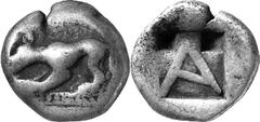 Argos The coinage of Argos from the end 6th / early 5th Estimate: CHF 1'000.00 Drachm (Silver, 5.66 g 12), c. 490s/480s-470s. Wolf at bay to left, his head lowered, standing on base composed of pellet
