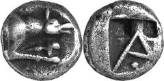 Argos The coinage of Argos from the end 6th / early 5th Estimate: CHF 225.00 Triobol (Silver, 2.84 g 1), c. 480s-470s. Forepart of wolf to right, one leg below and parallel to the neck and one slightl