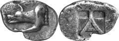 Argos The coinage of Argos from the end 6th / early 5th Estimate: CHF 225.00 Triobol (Silver, 2.79 g 12), c. 480s-460s. Forepart of wolf to left, both legs parallel to the neck, as if the wolf was lyi