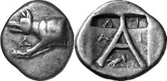 Argos The silver coinage of Argos in the late 5th – earl Estimate: CHF 200.00 Triobol (Silver, 2.71 g 3), c. 420/10-370s. Forepart of wolf to left, both legs extended forward and with head held level 