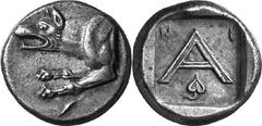 Argos The coinage of Argos from the mid-4th century unti Estimate: CHF 300.00 Triobol (Silver, 2.72 g 12), c. 320s-270s. Forepart of wolf at bay to left. Rev. with - above and with ivy leaf below; all