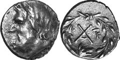 Argos The coinage of Argos under the Achaean League Estimate: CHF 150.00 Hemidrachm (Silver, 2.48 g 6), c. 195-188. Laureate head of Zeus to left. Rev. , to right, monogram of , below, wolf’s head to 
