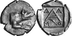 Argos The coinage of Argos from the late 2nd century thr Estimate: CHF 250.00 Triobol (Silver, 2.39 g 6), c. 80s-50s. Forepart of wolf at bay to right. Rev. with -/- and palm branch below. BMC –. Weil