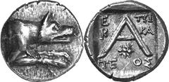 Argos The coinage of Argos from the late 2nd century thr Estimate: CHF 500.00 Triobol (Silver, 2.39 g 2), c. 80s-50s. Forepart of wolf at bay to right. Rev. with -/-/- and star of eight rays below. BM