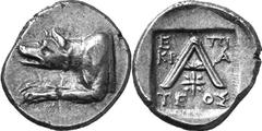 Argos The coinage of Argos from the late 2nd century thr Estimate: CHF 450.00 Triobol (Silver, 2.62 g 10), c. 80s-50s. As last but forepart of wolf at bay to left and, on reverse, -/-/-. BMC 113 var. 