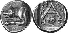 Argos The coinage of Argos from the late 2nd century thr Estimate: CHF 450.00 Triobol (Silver, 2.37 g 8), c. 80s-50s. Forepart of wolf at bay to left. Rev. with -/-/- and krater inscribed below. BMC 1