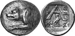 Argos The coinage of Argos from the late 2nd century thr Estimate: CHF 375.00 Triobol (Silver, 2.34 g 3), c. 80s-50s. Forepart of wolf at bay to left. Rev. with -/-/- and eagle standing with closed wi