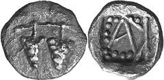Kaphyai The coinage of Kaphyai of the early 5th century Estimate: CHF 1'000.00 Hemiobol (Silver, 0.43 g 3), c. 470s. Two bunches of grapes on branch. Rev. surrounded by dots above, to left and below; 