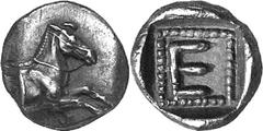 Kleitor The coinage of Kleitor of the 3rd quarter of the 5 Estimate: CHF 1'000.00 Hemiobol (Silver, 0.51 g 3), c. 440s-430s. Forepart of bridled horse to right. Rev. within dotted square; all within i