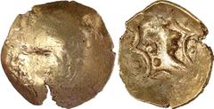 The Celts The Corieltavi Estimate: CHF 1'500.00 ‘Lindsey Scyphate’ or quarter stater (Gold, 1.24 g), c. 55-45. Plain convex surface, with possible traces of a design. Rev. -shaped figure with three pe