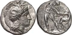 Magna Graecia Herakleia Estimate: CHF 3'750.00 Stater (Silver, 7.61 g 6), c. 350-340, signed by the Kal…engraver. Head of Athena to right, wearing crested Attic helmet adorned with Scylla and with a p
