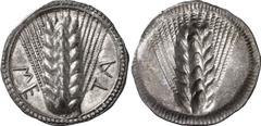 Magna Graecia Metapontum Estimate: CHF 12'000.00 Stater (Silver, 8.07 g), c. 530-520. Ear of barley with seven grains; border of pellets within two concentric linear circles. Rev. Ear of barley, incus