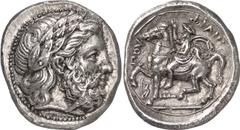 Macedonia Philip II, King of Macedon, 359-336 Estimate: CHF 5'250.00 Tetradrachm (Silver, 14.47 g 6), Amphipolis, 355-349 / 8. Laureate head of Zeus to right. Rev. Philip II, wearing kausia and chlamy