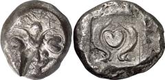 Further Asia and Africa Barke Estimate: CHF 1'800.00 Tetradrachm (Silver, 16.65 g 3), c. 485-475. Silphium plant with two pairs of leaves, three umbels and two fruits. Rev. Two dolphins, each swimming