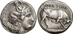 Greek Coins Magna Graecia, Lucania, Thurium Estimate: CHF 12'000.00 Distater (Silver, 15.80 g 5), c. 410-400. Head of Athena to right wearing helmet adorned with Skylla raising her left hand on the bo