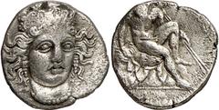Greek Coins Magna Graecia, Bruttium, Pandosia Estimate: CHF 1'250.00 Triobol (Silver, 1.03 g 7), c. 375-360. Head of Hera three-quarters facing to right, wearing high, decorated polos, elaborate penda